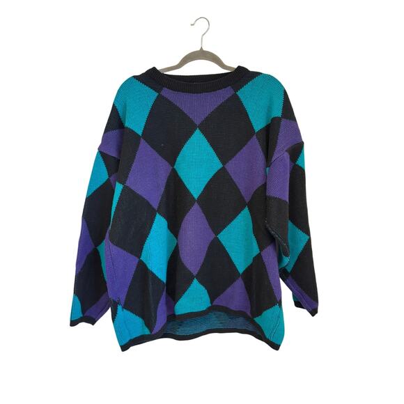 Vintage 90’s Michael Carrie Acrylic Black Purple Diamond Pullover Sweater - Picture 1 of 5